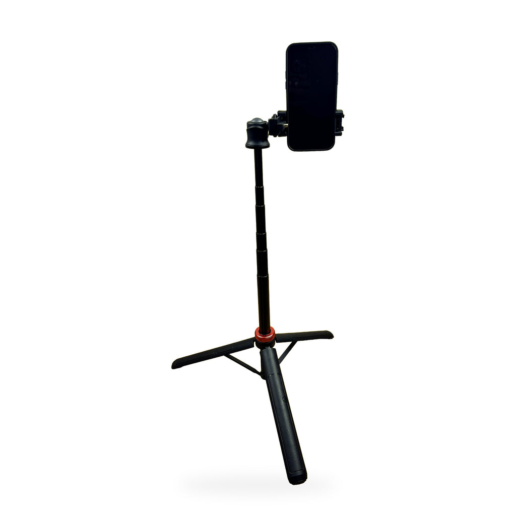 JM-33 vlog tripod holding a phone, tilted with the ball head