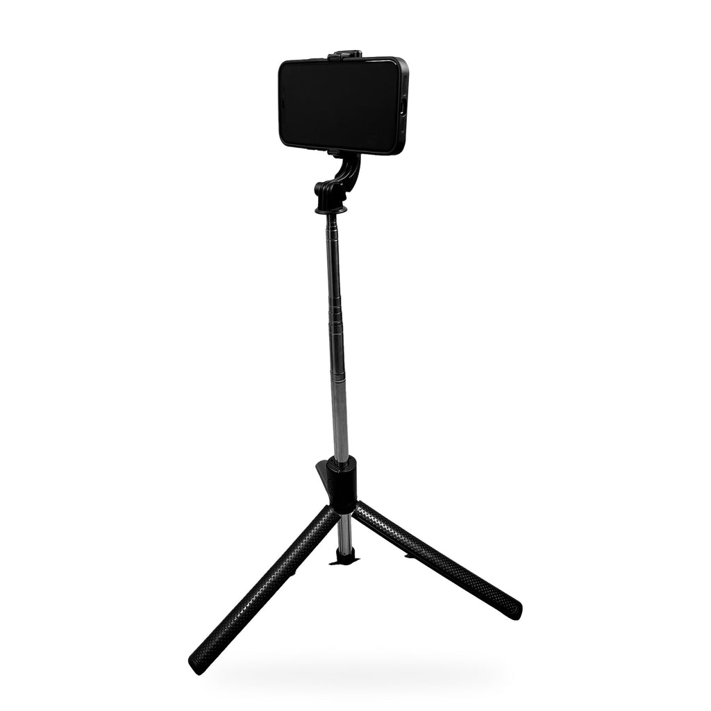 R7-L selfie stick tripod holding a phone in landscape