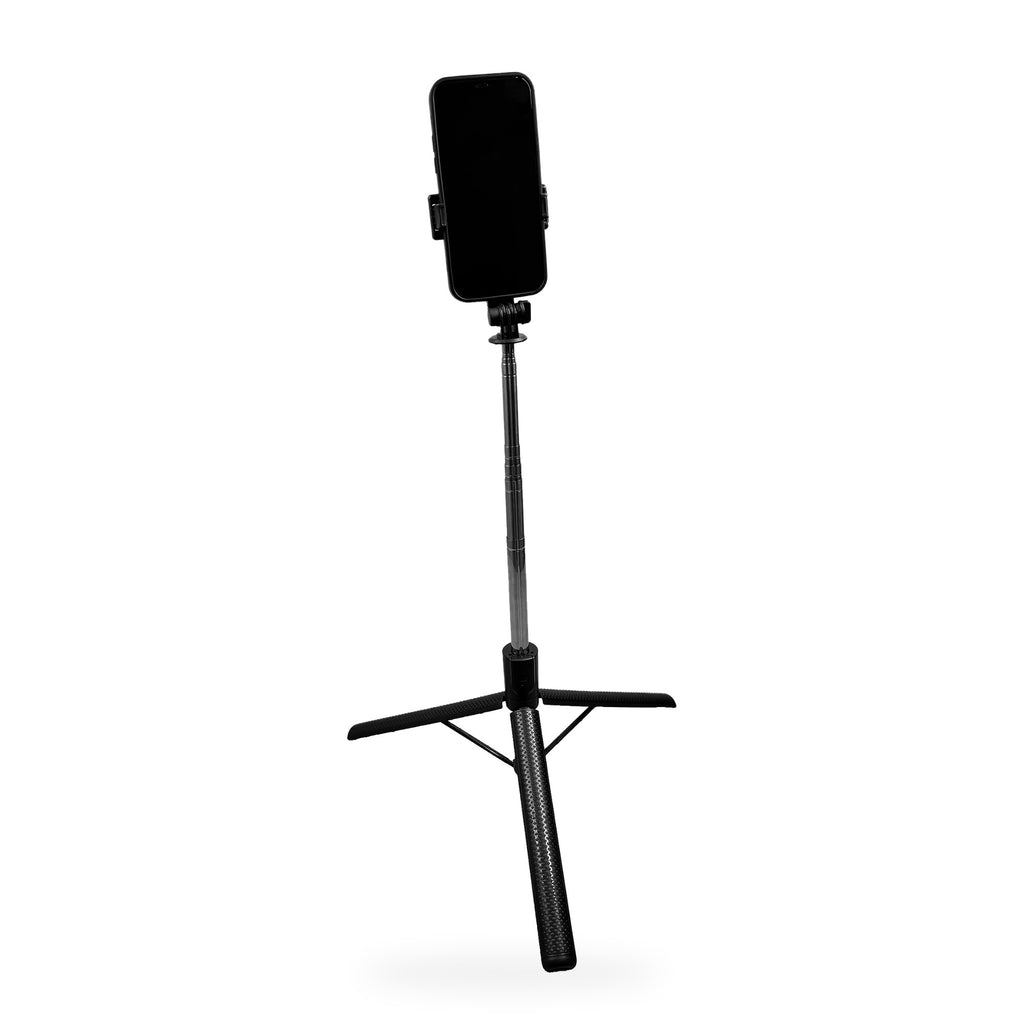 R7-L selfie stick tripod holding a phone in portrait